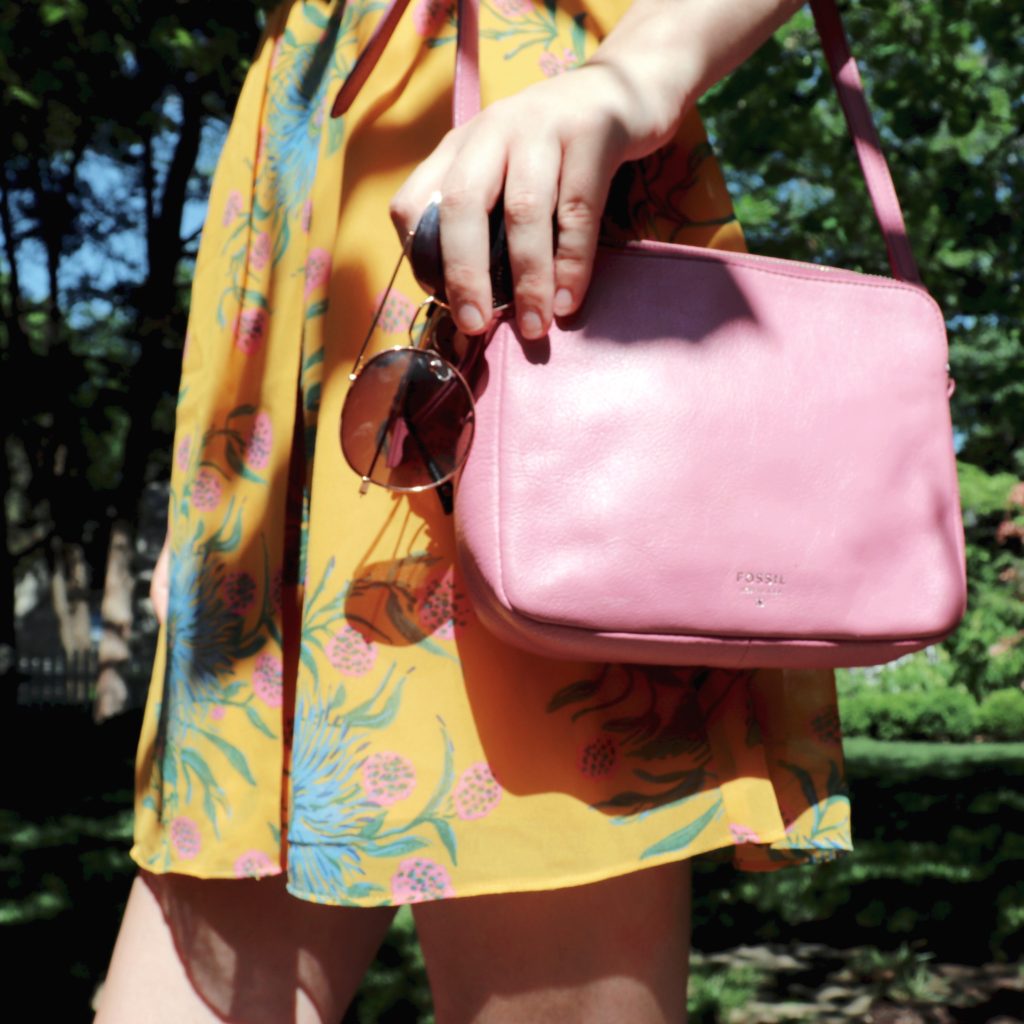 Pink purple fashion accessories purse with yellow floral Madewell dress and Anthropologie sunglasses springtime yellow quirky fashion blog girly preppy springtime summer